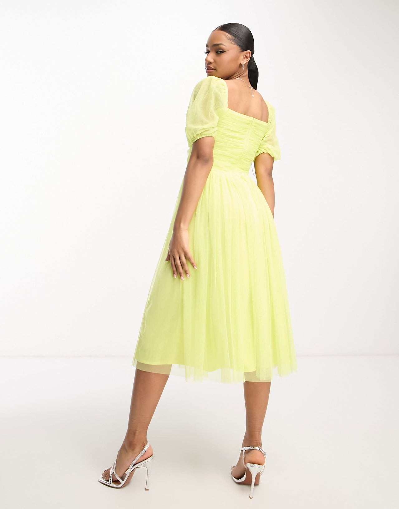 Anaya cut-out puff sleeve midi dress in lime