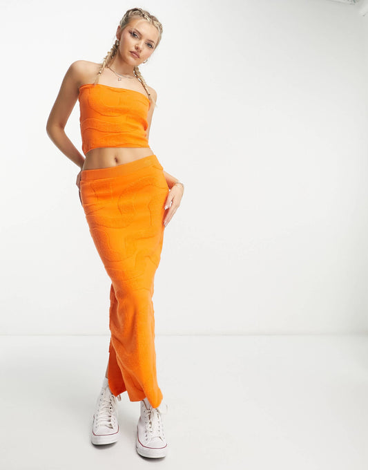 Bailey Rose maxi bodycon skirt in orange wavy knit co-ord