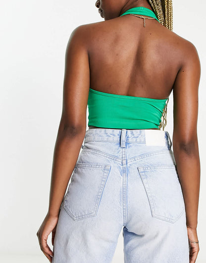ASOS DESIGN halter neck crop top 2 pack in green and pink