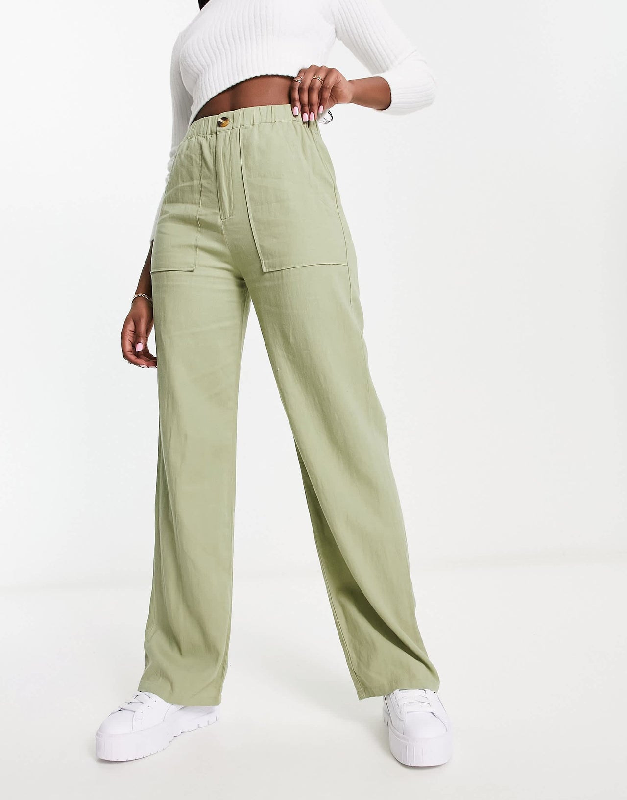 Pull&Bear relaxed linen trouser in olive green
