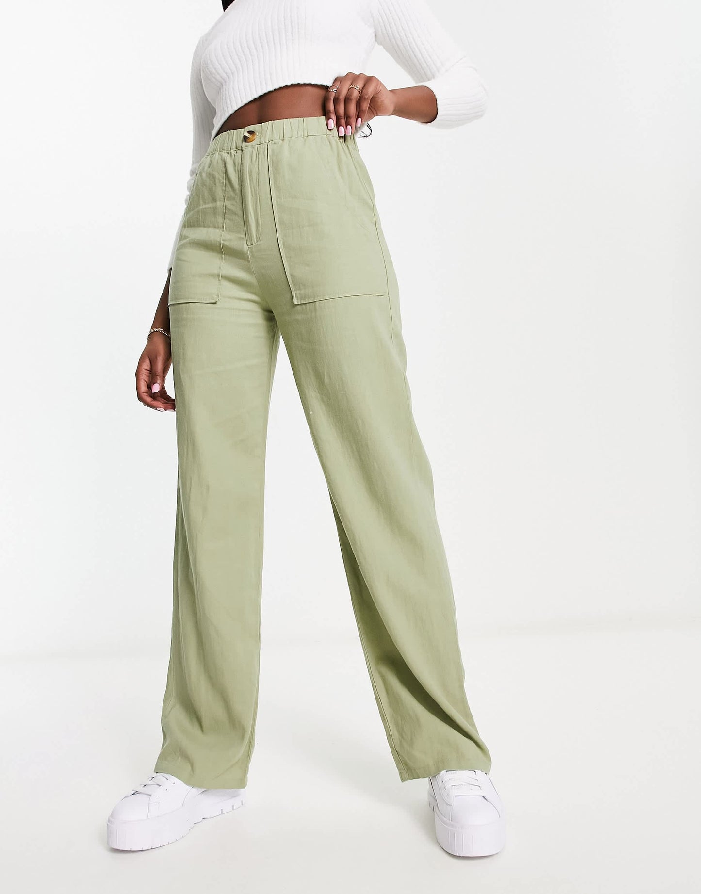 Pull&Bear relaxed linen trouser in olive green
