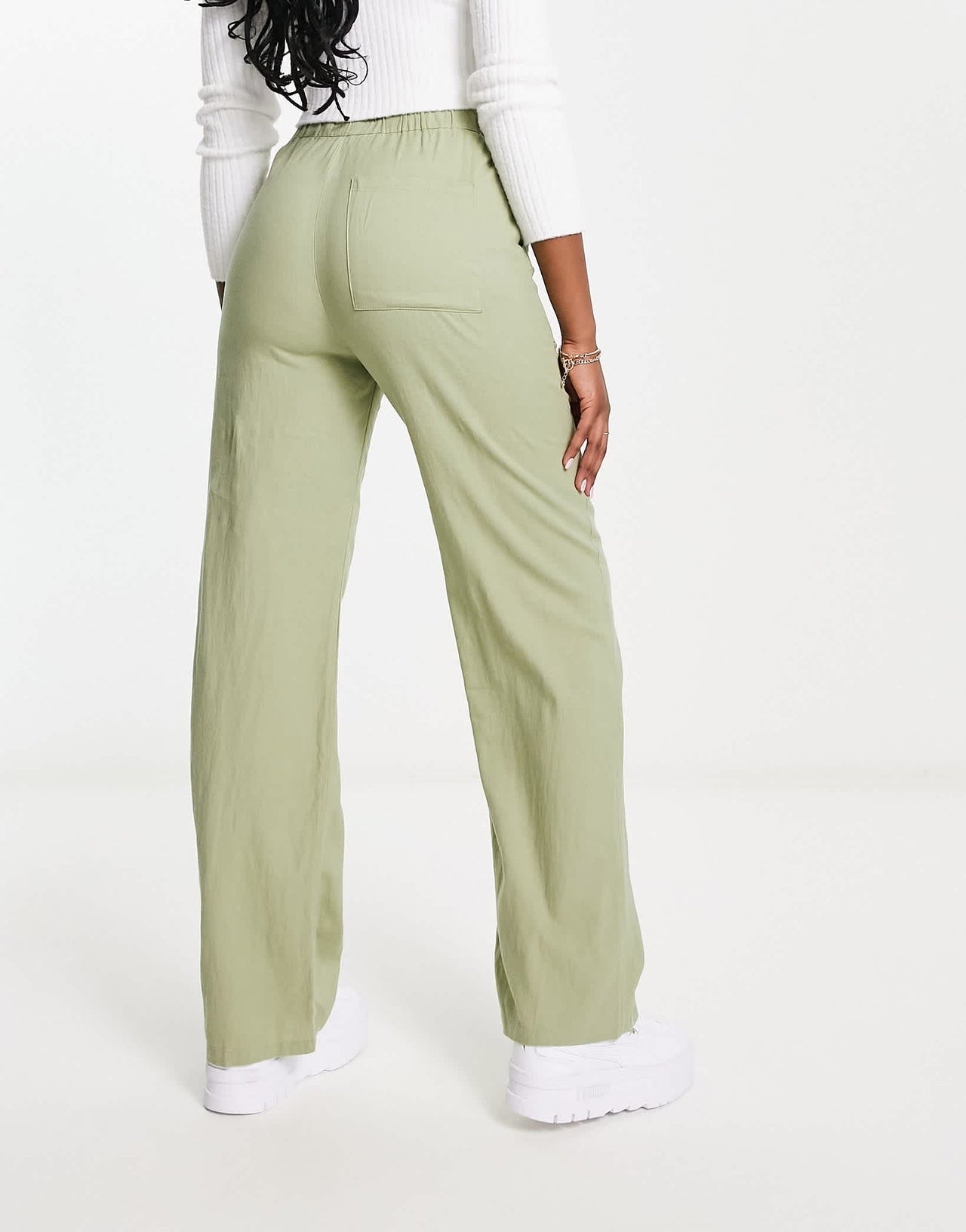 Pull&Bear relaxed linen trouser in olive green