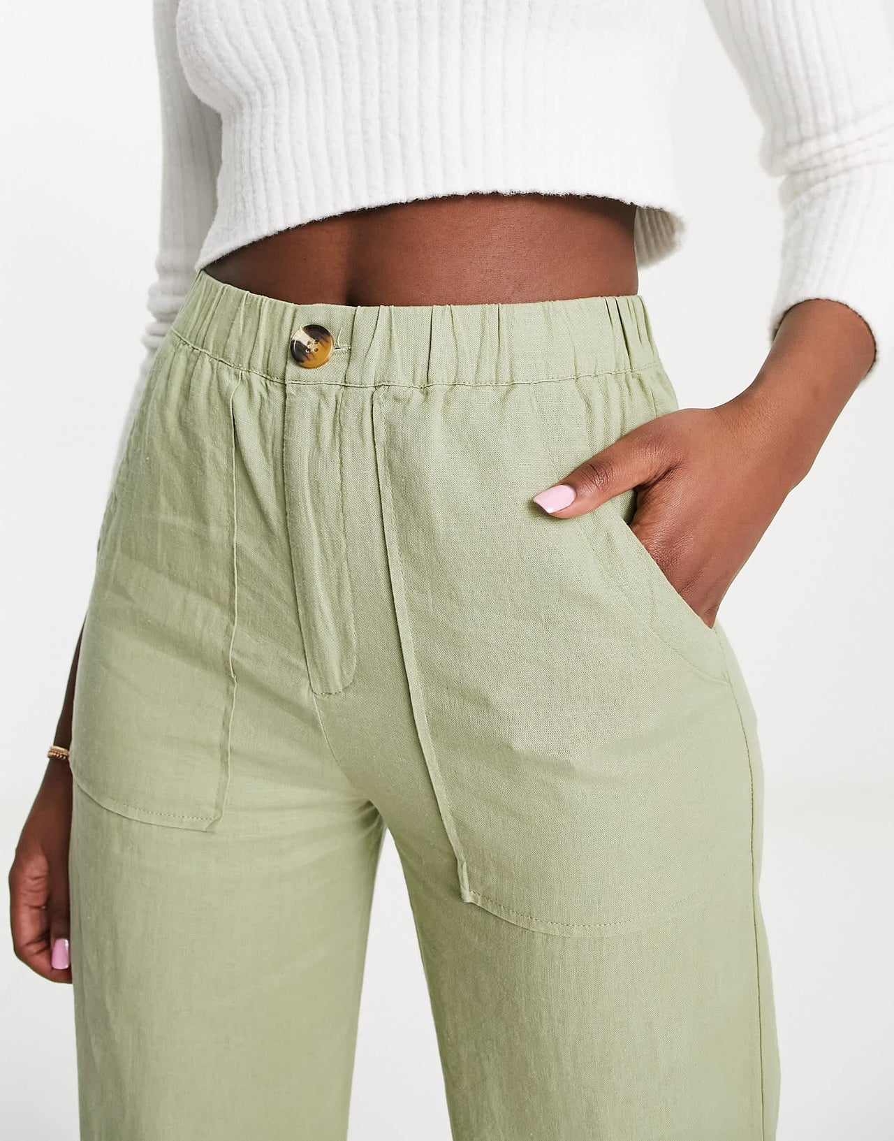 Pull&Bear relaxed linen trouser in olive green