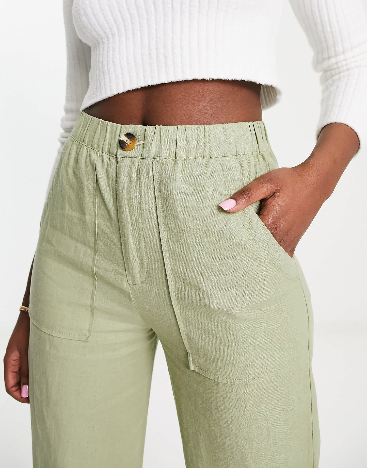 Pull&Bear relaxed linen trouser in olive green