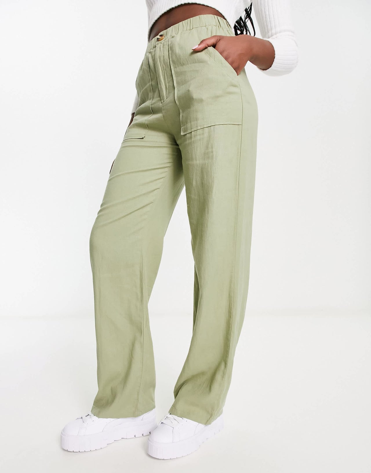 Pull&Bear relaxed linen trouser in olive green
