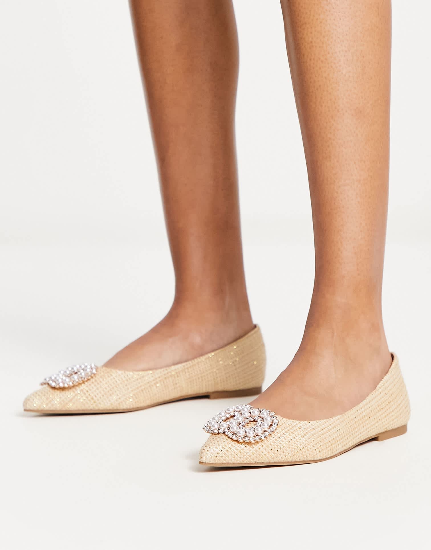 ASOS DESIGN Lola faux pearl pointed ballet flats in natural