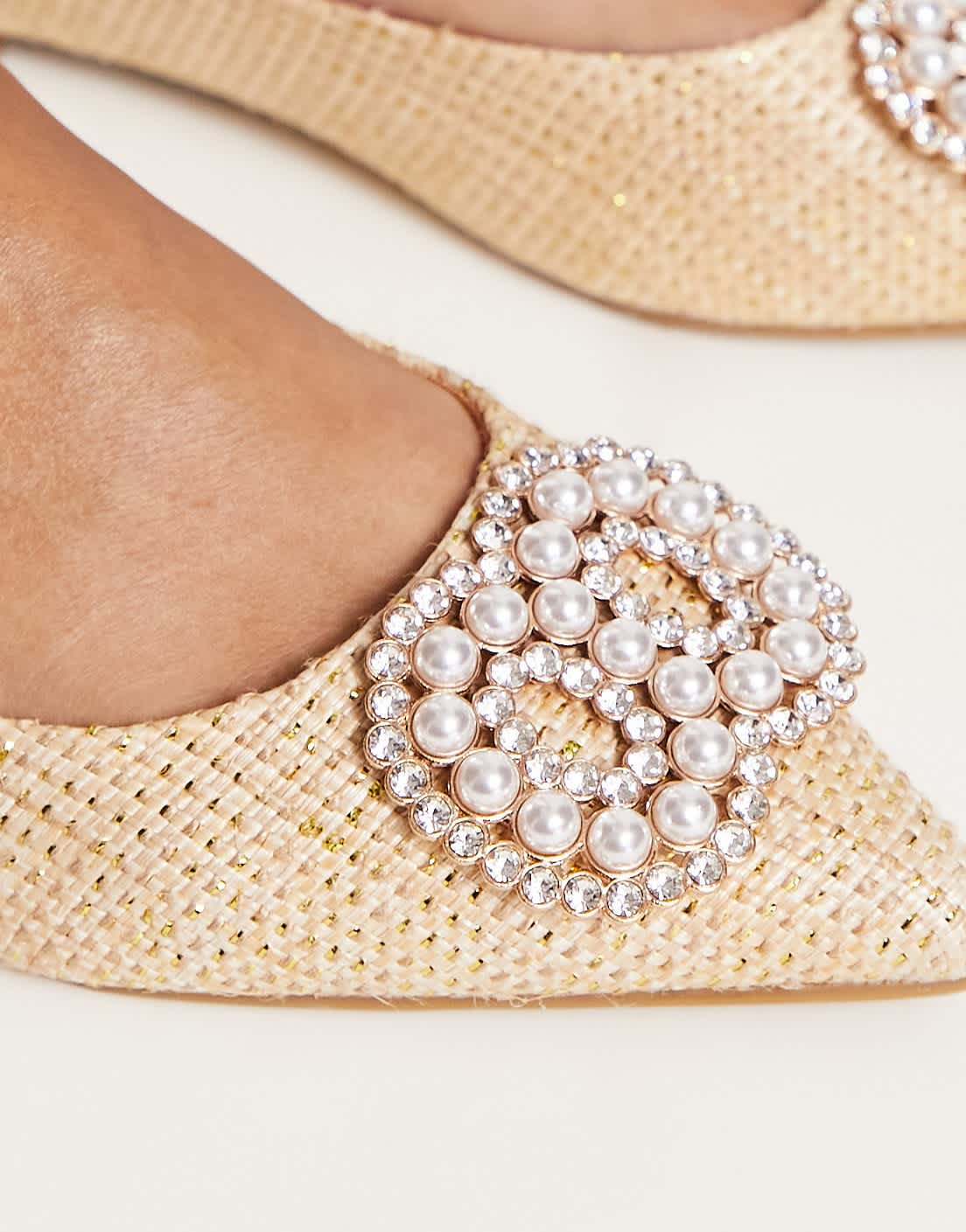 ASOS DESIGN Lola faux pearl pointed ballet flats in natural