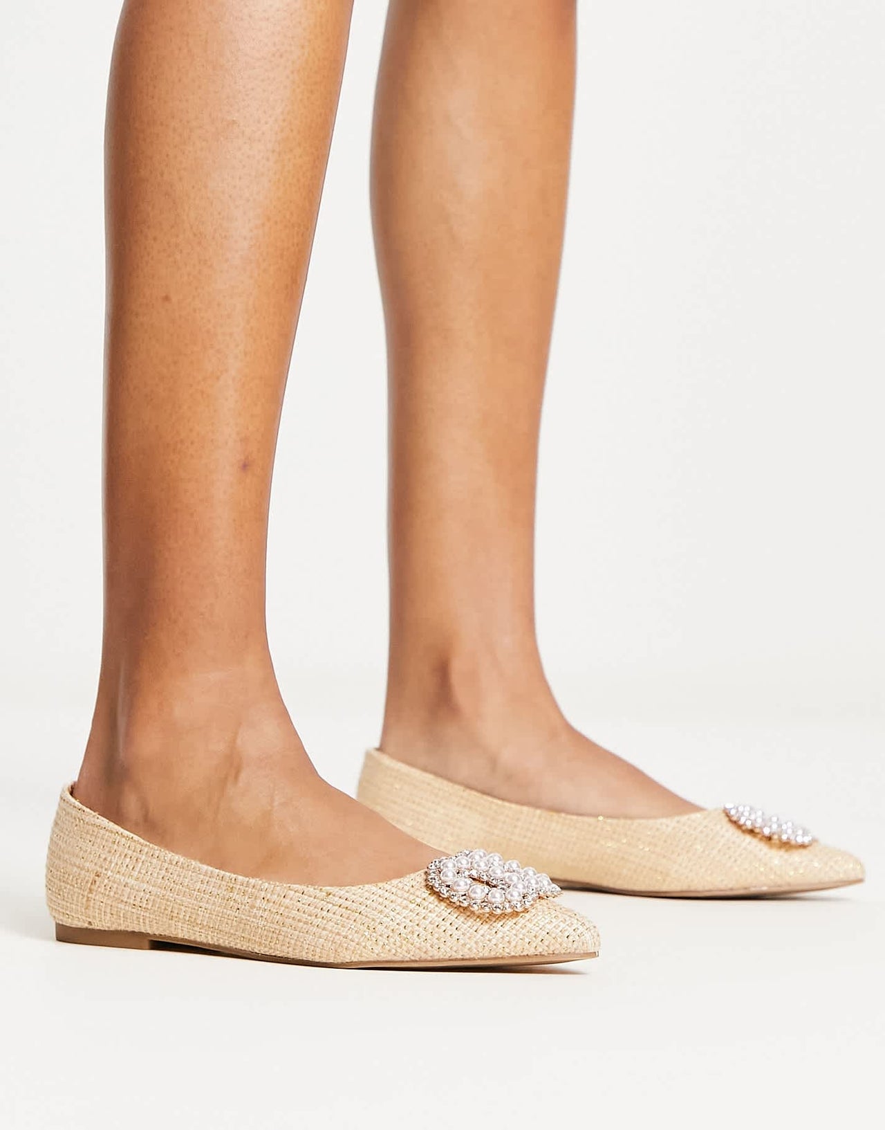 ASOS DESIGN Lola faux pearl pointed ballet flats in natural