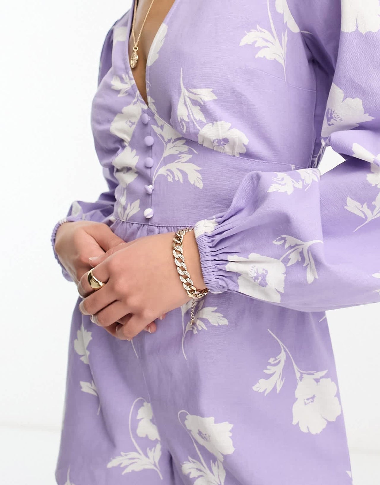Miss Selfridge linen look button through  playsuit in lilac hibiscus print