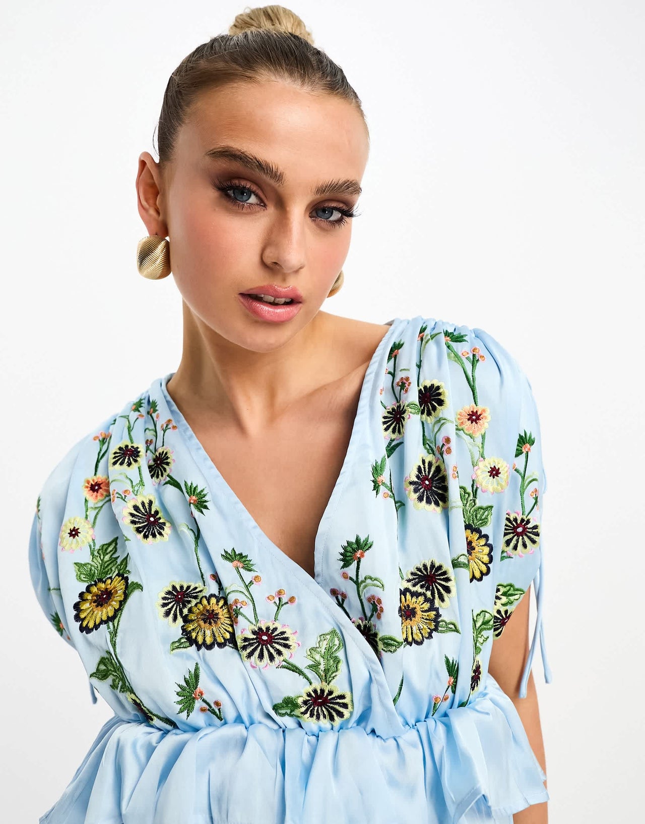 ASOS DESIGN Maternity embroidered satin midi dress with frill waist in pale blue