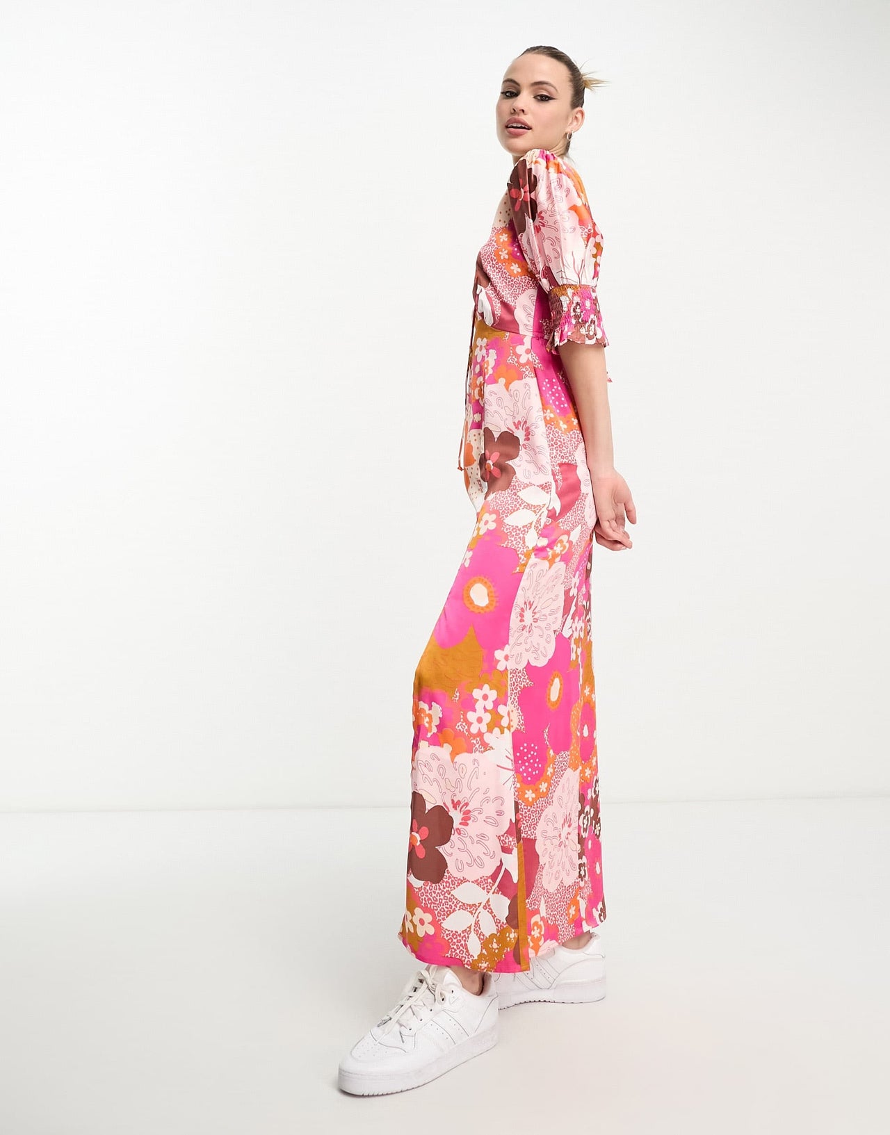 ASOS DESIGN Tall satin shirred cuff midi tea dress with tie front in floral print