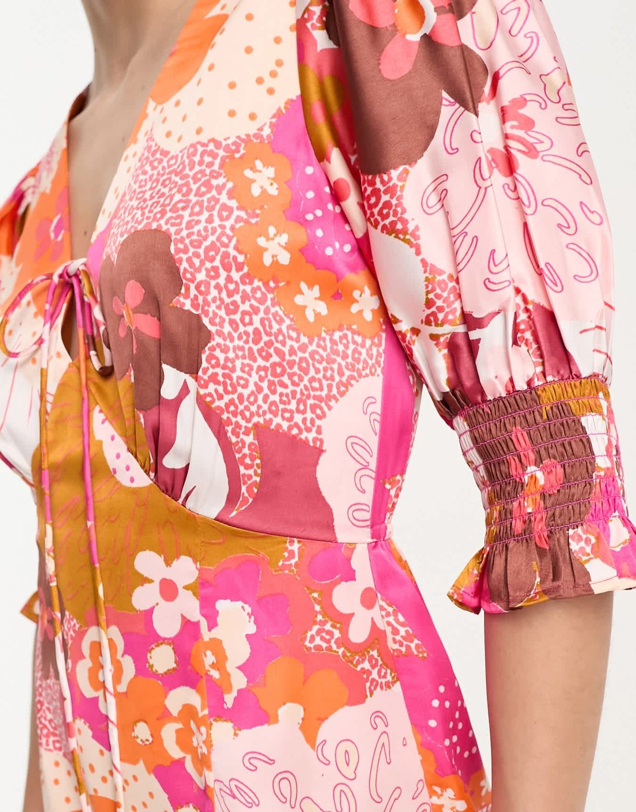 ASOS DESIGN Tall satin shirred cuff midi tea dress with tie front in floral print