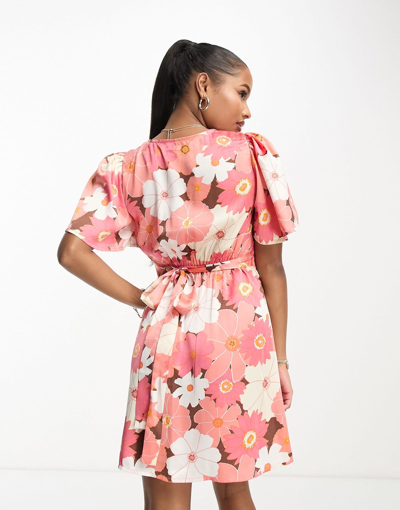 ASOS DESIGN Petite satin button through mini tea dress with flutter sleeve in retro floral print