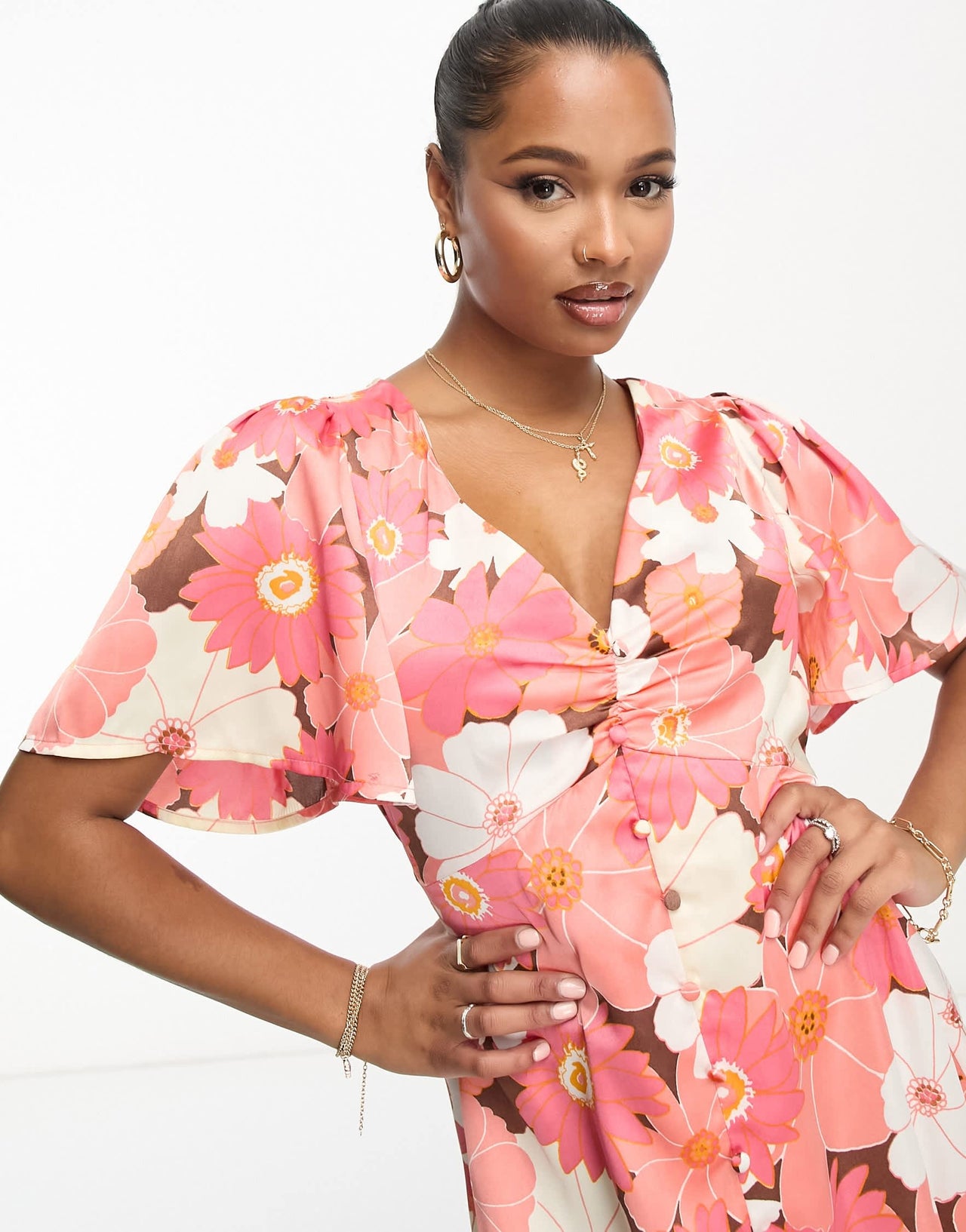 ASOS DESIGN Petite satin button through mini tea dress with flutter sleeve in retro floral print