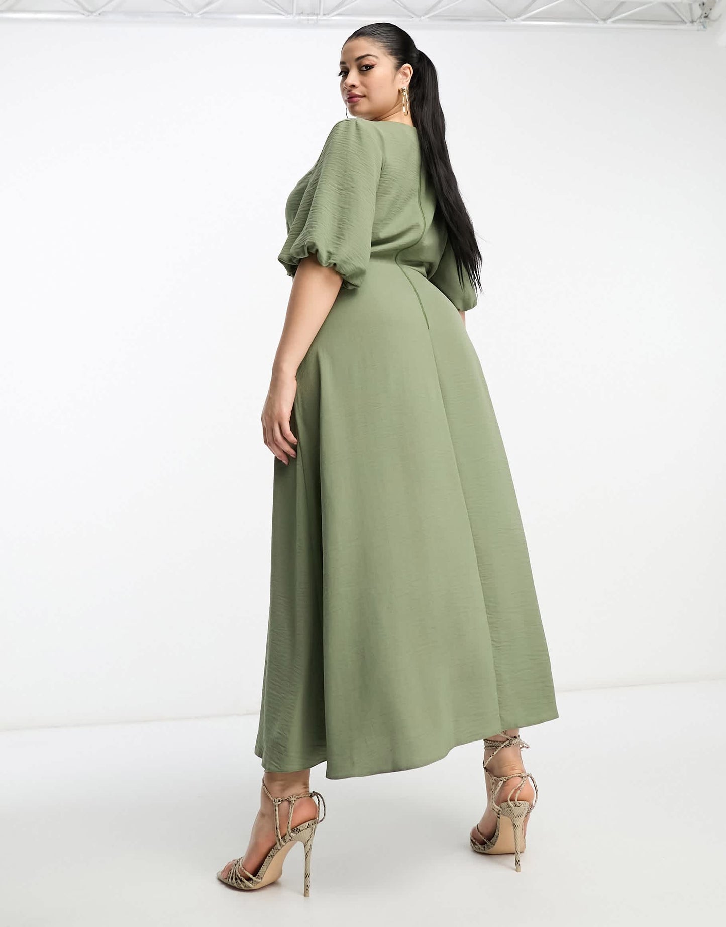 ASOS DESIGN Curve tie waist puff sleeve midi dress in khaki