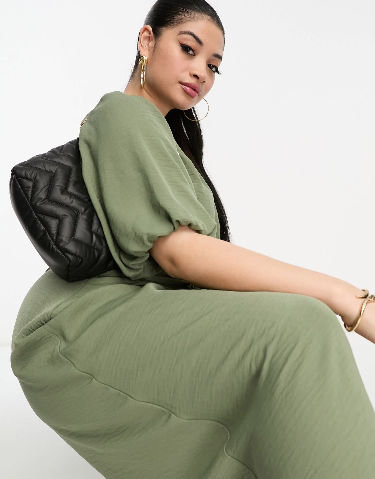 ASOS DESIGN Curve tie waist puff sleeve midi dress in khaki