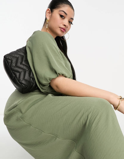 ASOS DESIGN Curve tie waist puff sleeve midi dress in khaki
