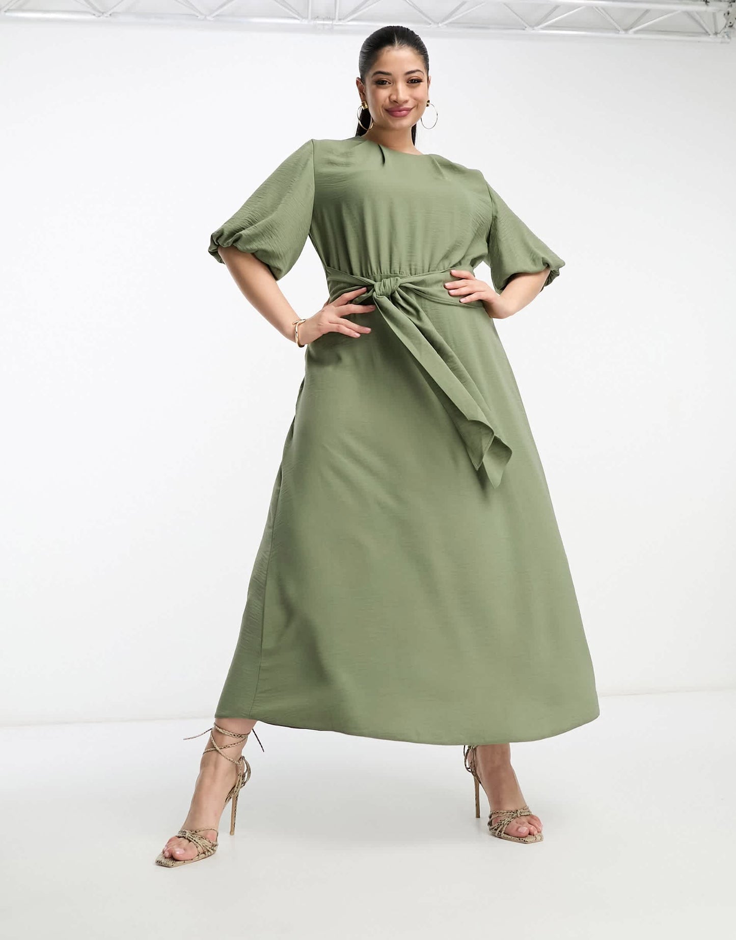 ASOS DESIGN Curve tie waist puff sleeve midi dress in khaki