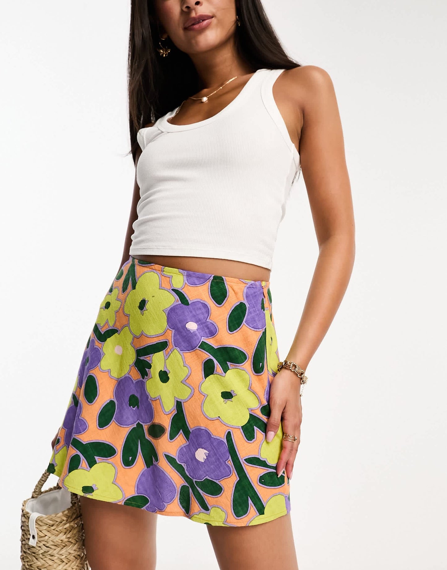 ASOS DESIGN linen mini slip skirt in orange floral print