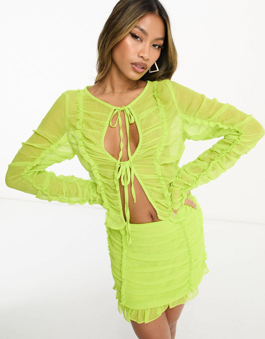 ASYOU tie front chiffon long sleeve top co-ord in lime green