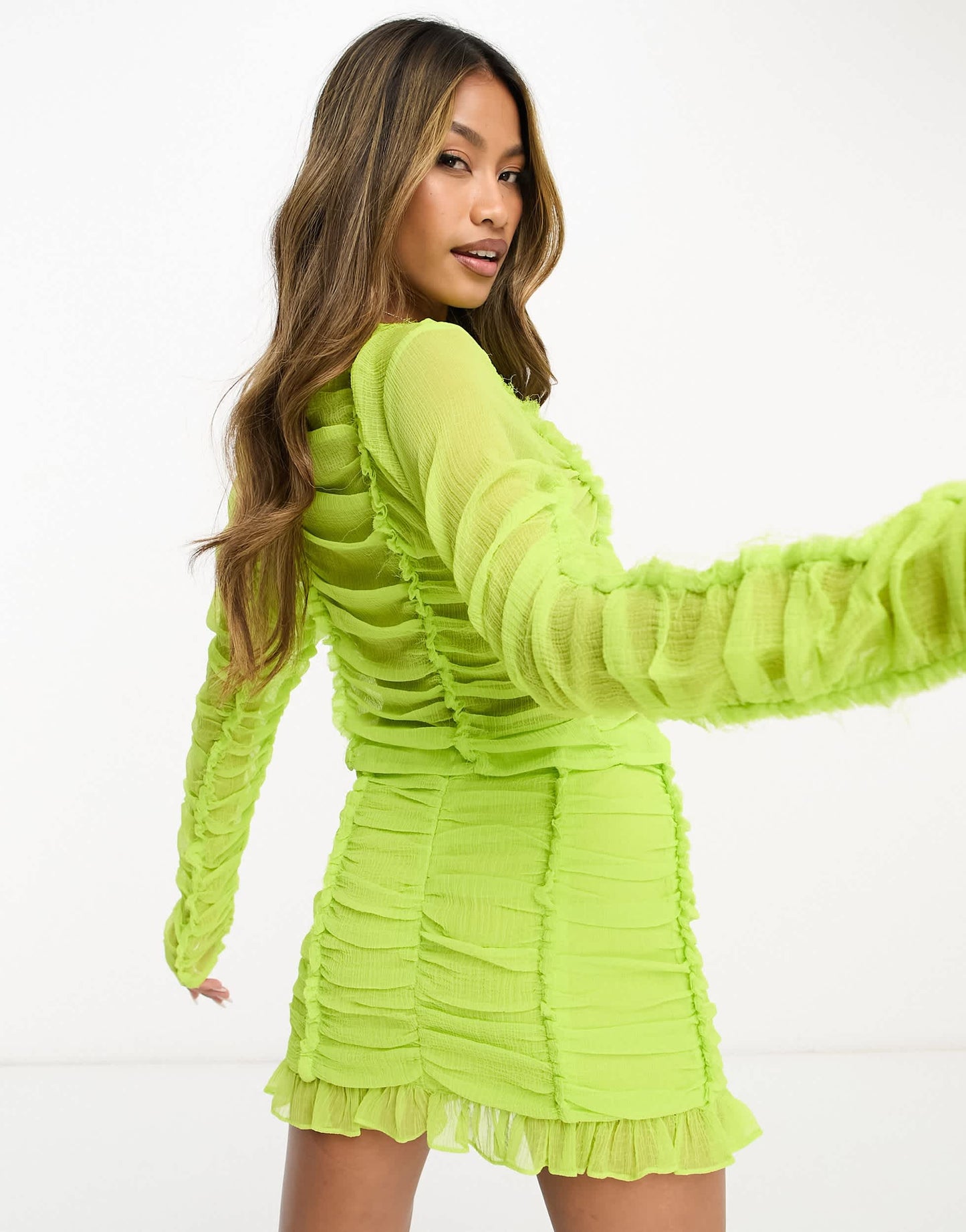 ASYOU tie front chiffon long sleeve top co-ord in lime green