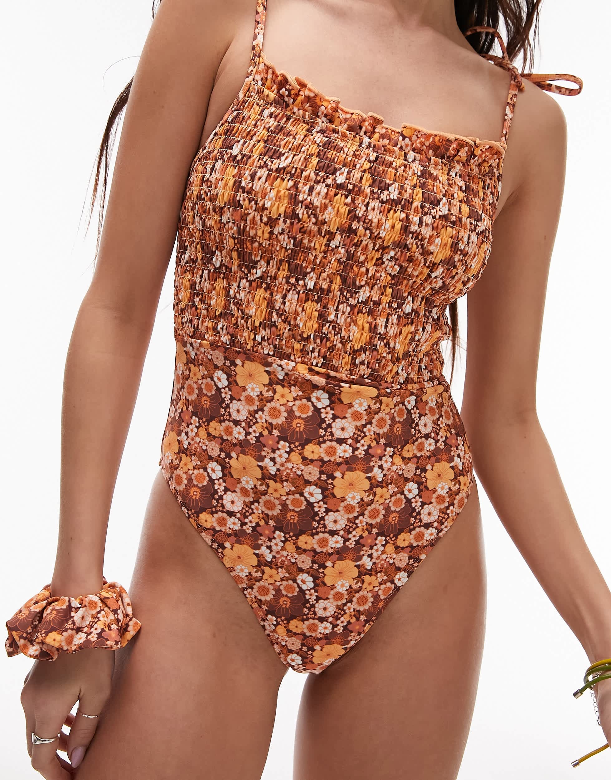 Topshop tie-shoulder shirred swimsuit in brown ditsy floral with matching scrunchie