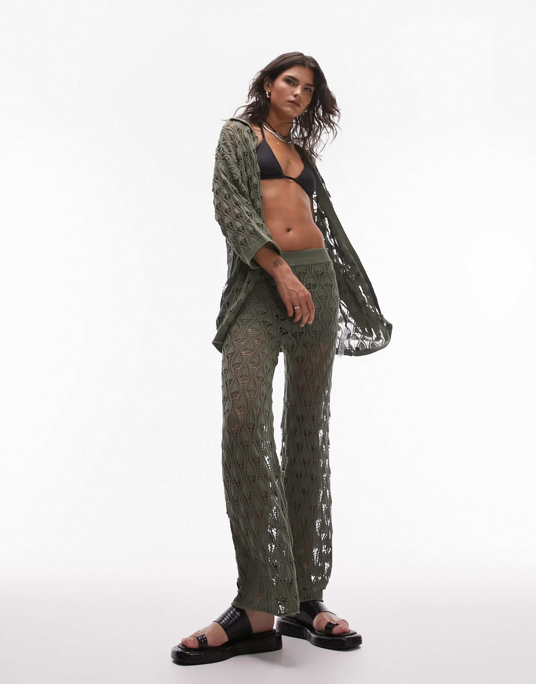 Topshop knitted co ord open stich trousers in green