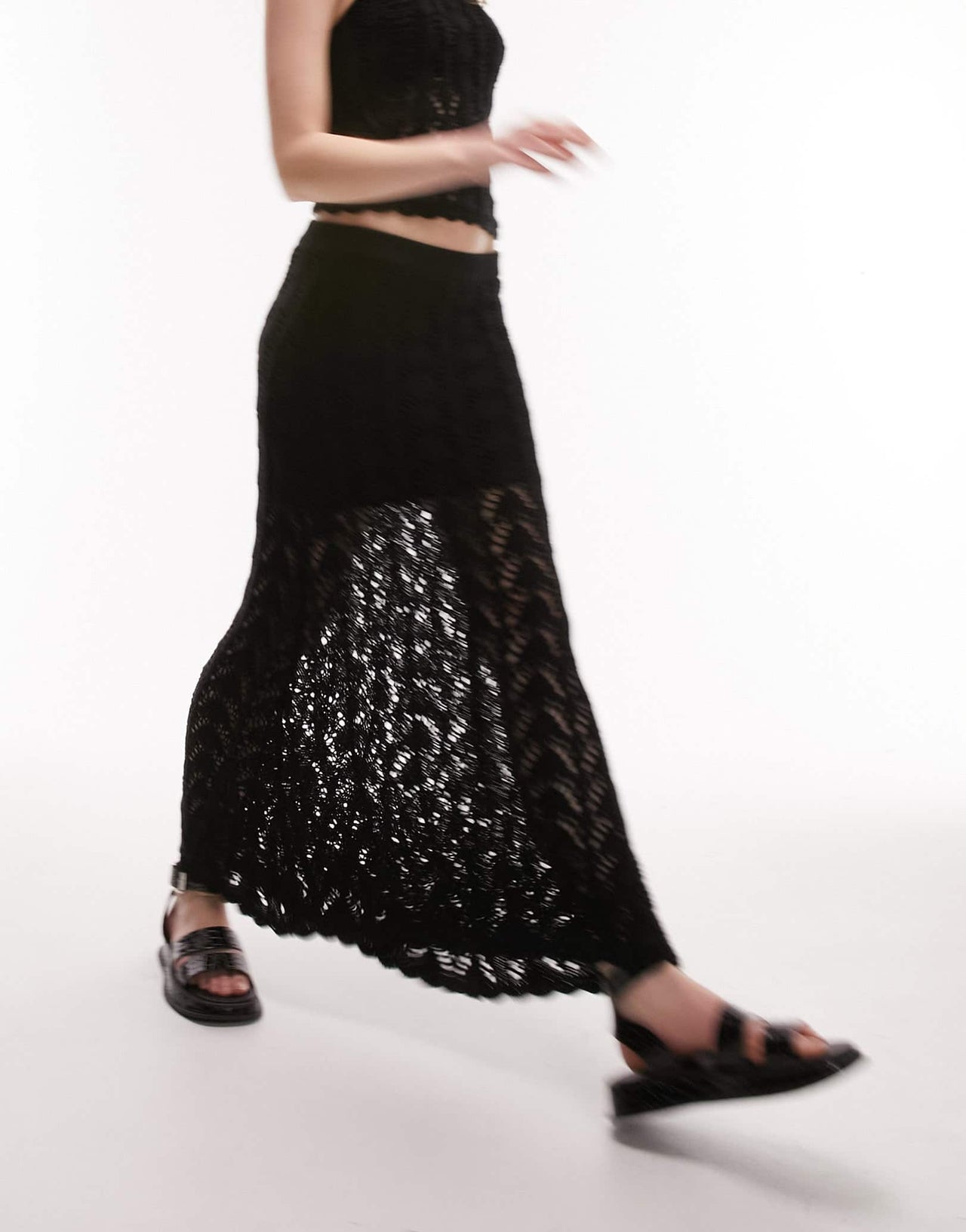 Topshop knitted co ord stitchy detail skirt in black