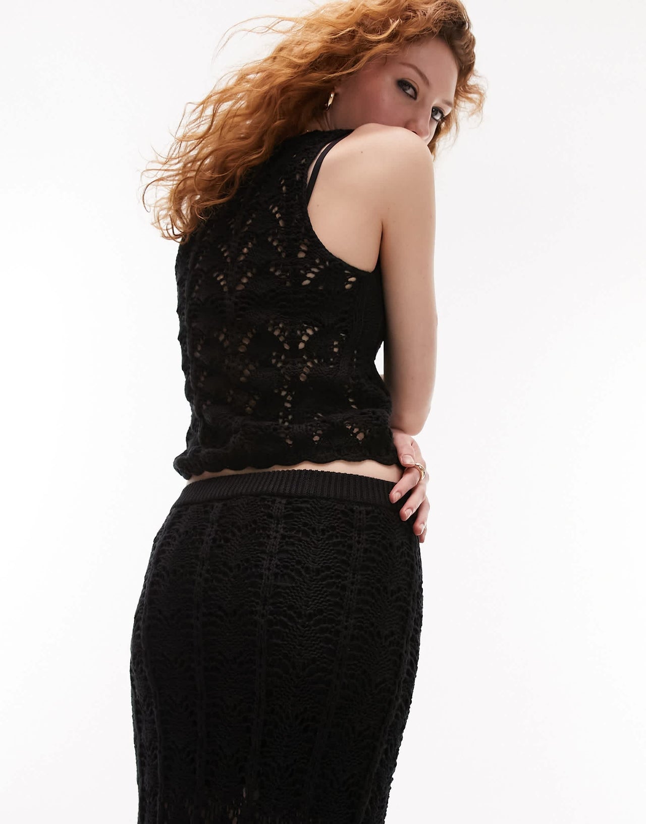 Topshop knitted co ord stitchy detail skirt in black