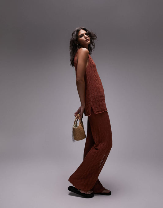 Topshop knitted co ord open stitch trouser in rust