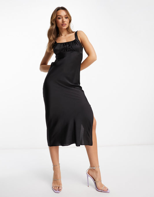 ASOS DESIGN gathered babydoll  satin midi slip dress in black