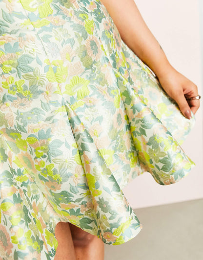 ASOS LUXE Curve jacquard cupped puff sleeve mini dress with godet detail in floral