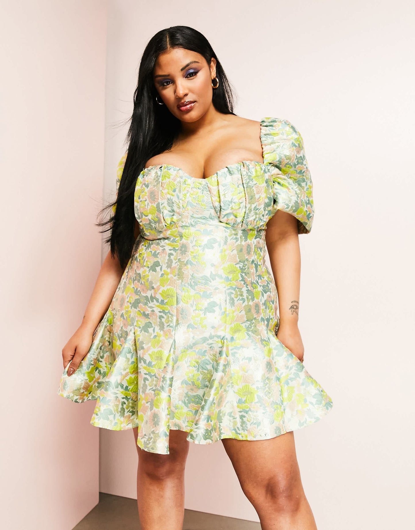 ASOS LUXE Curve jacquard cupped puff sleeve mini dress with godet detail in floral