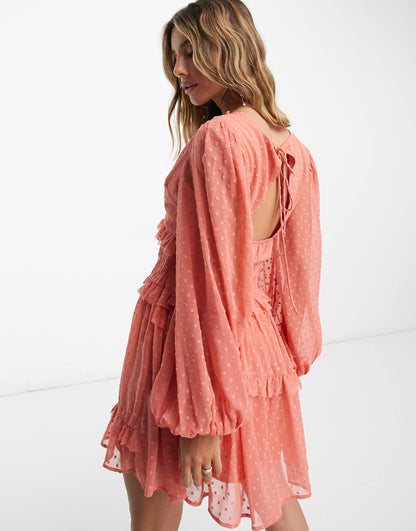 ASOS DESIGN button through pintuck mini dobby dress in deep rose