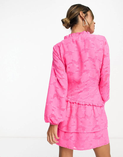 ASOS DESIGN wrap mini dress with pep hem in pink jacquard