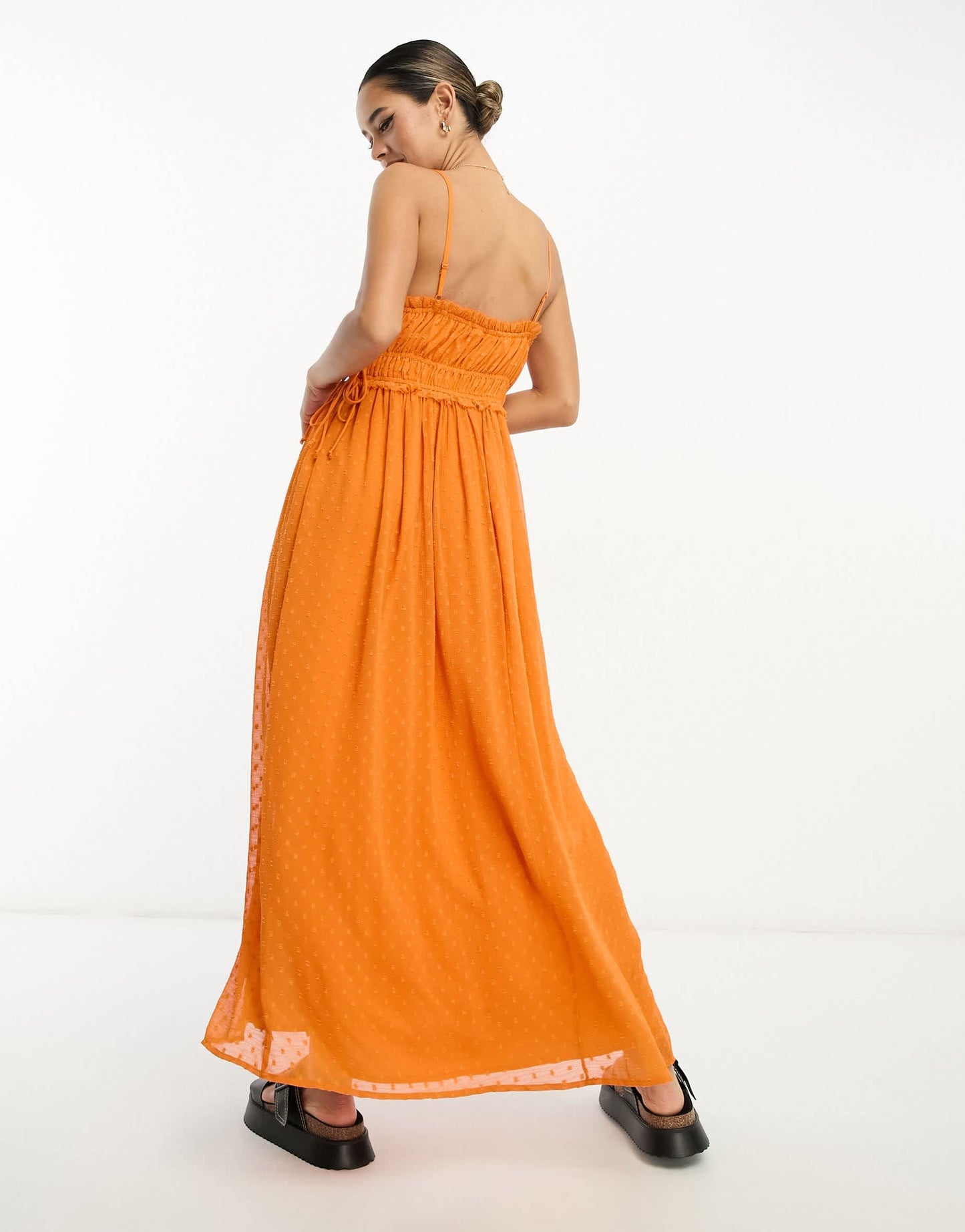 ASOS DESIGN elasticated frill waist midi slip dress in orange dobby