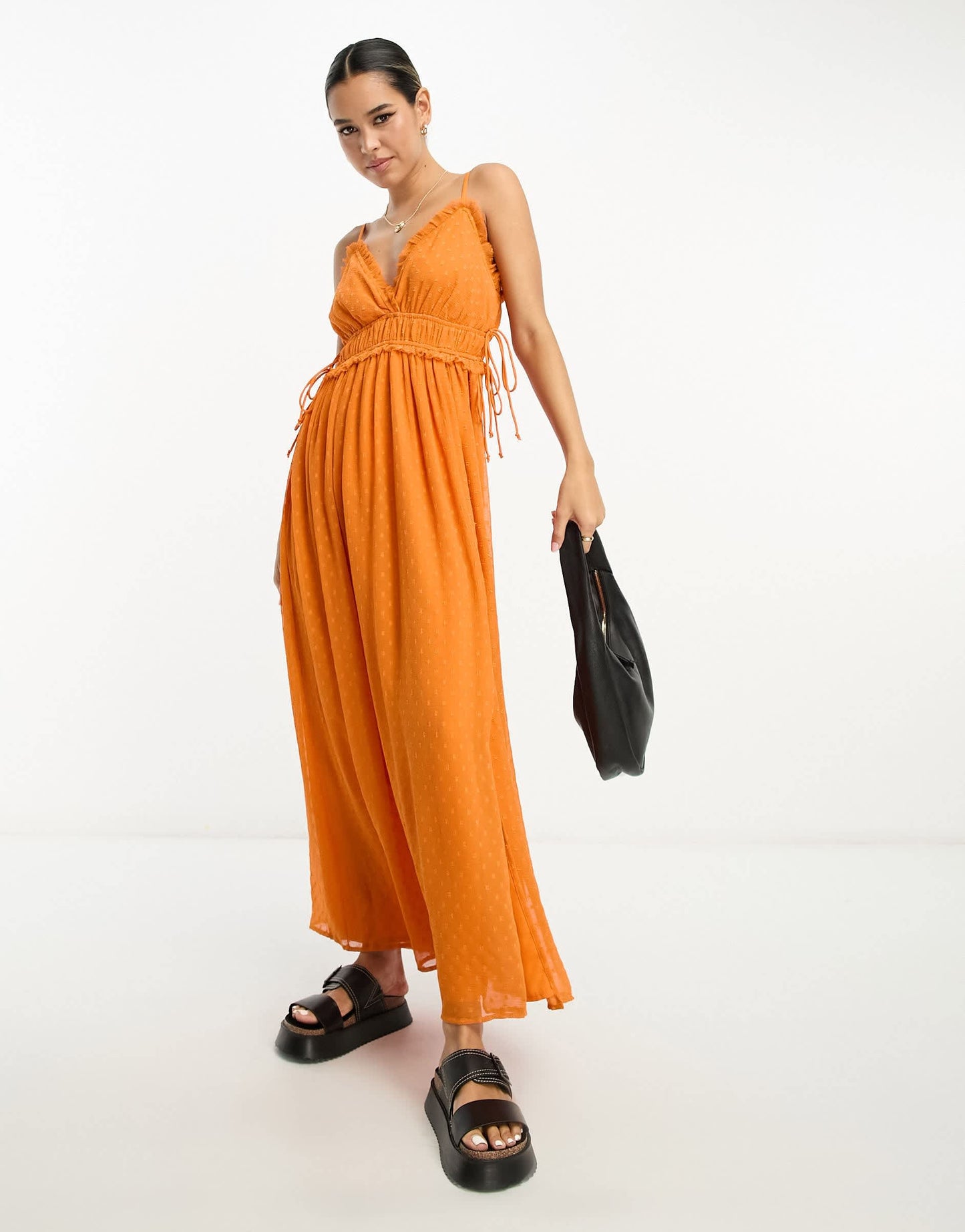 ASOS DESIGN elasticated frill waist midi slip dress in orange dobby