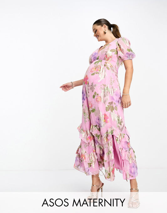 ASOS DESIGN Maternity ruffle frill hem maxi dress in pink rose print