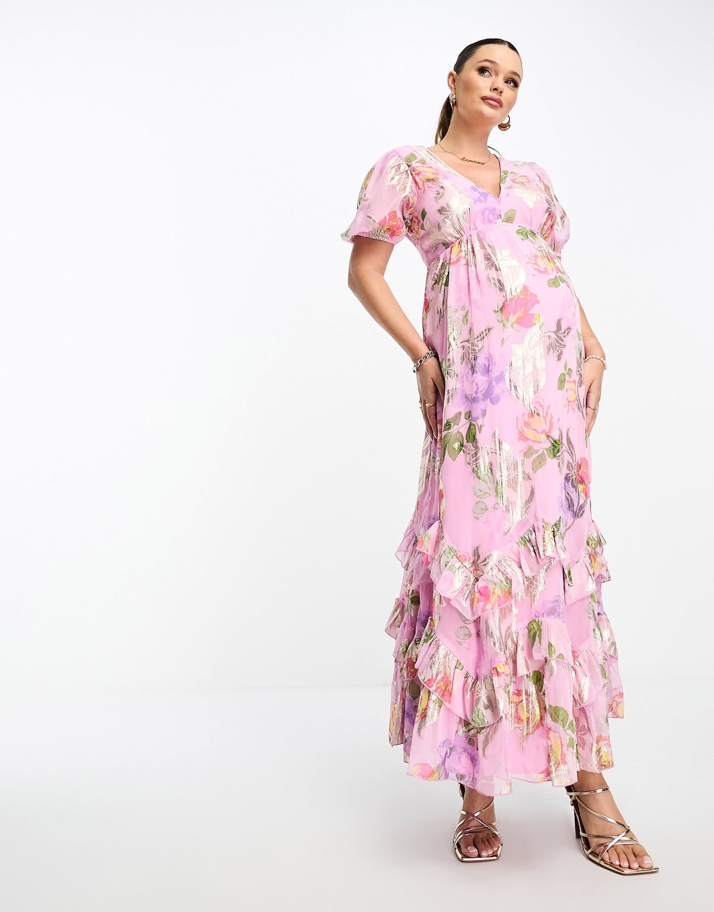 ASOS DESIGN Maternity ruffle frill hem maxi dress in pink rose print