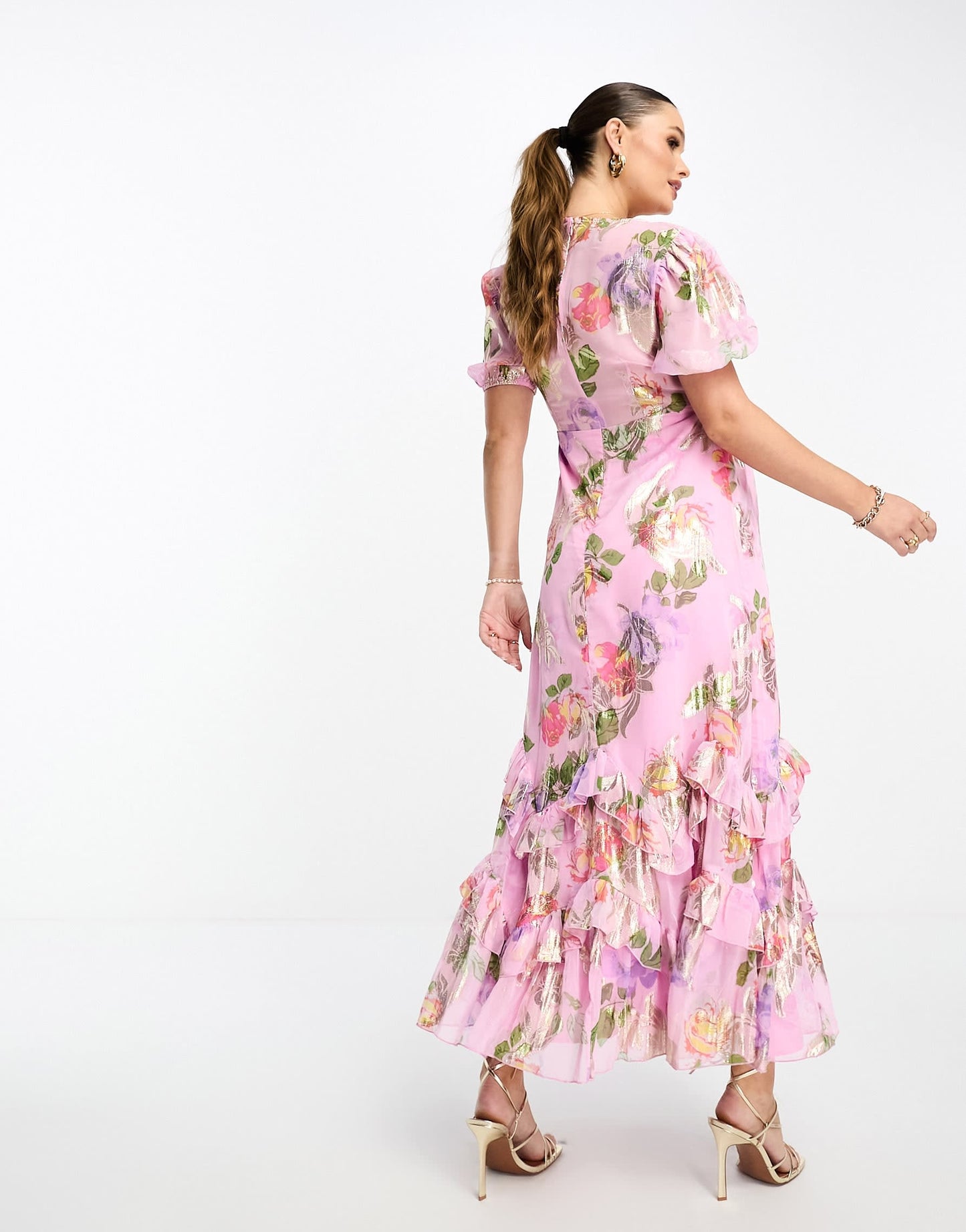 ASOS DESIGN Maternity ruffle frill hem maxi dress in pink rose print