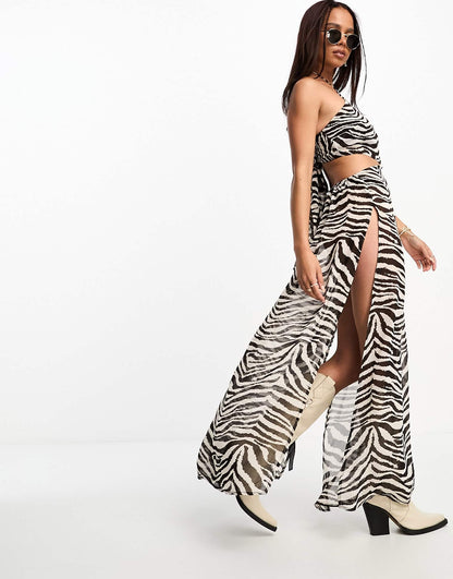 Miss Selfridge festival halter neck tie back maxi dress in zebra print