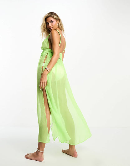 Miss Selfridge beach strappy plait detail split front maxi dress in washed neon lime