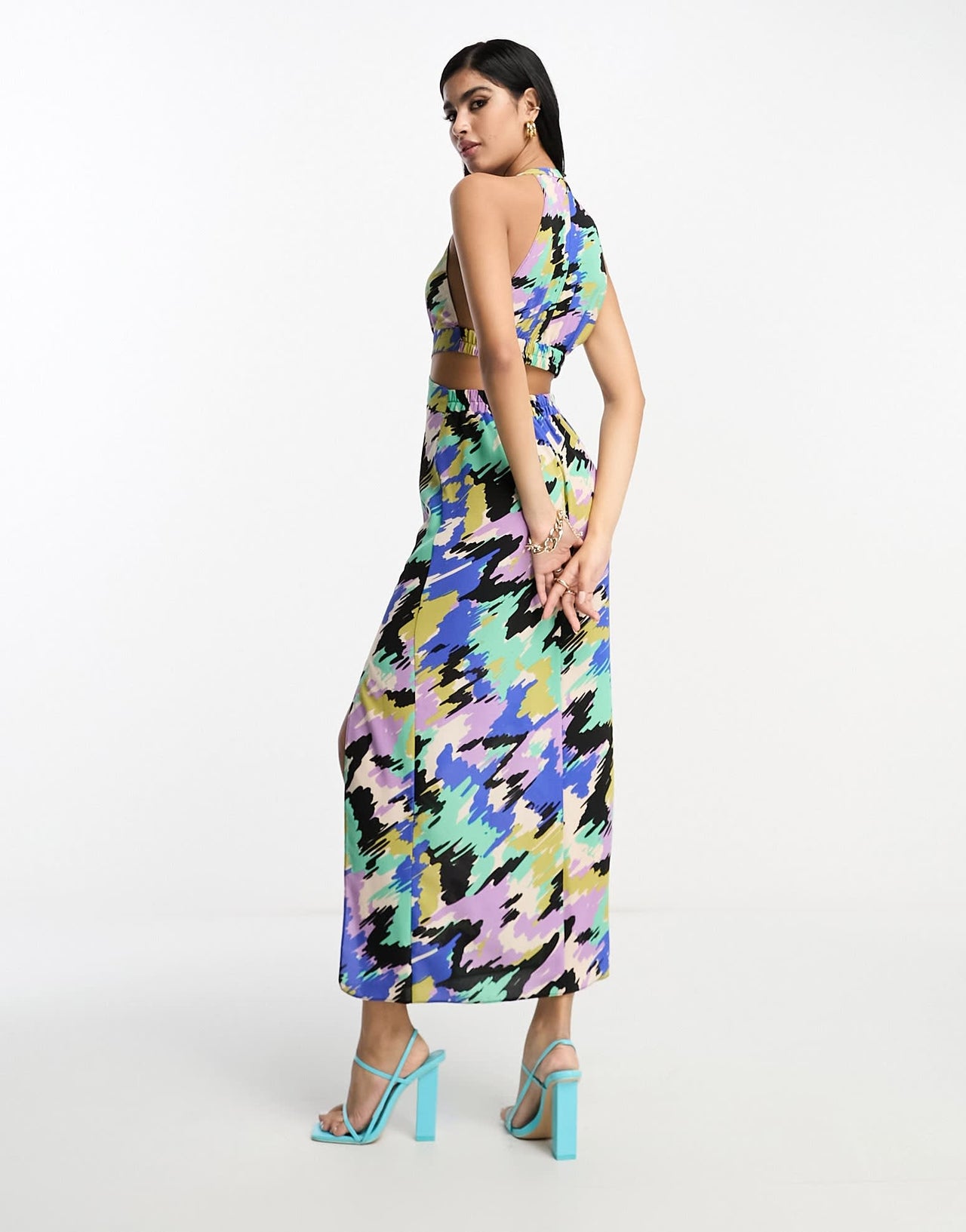 ASOS DESIGN halter neck cut out midi dress in bright sketch print