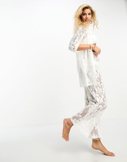 Miss Selfridge beach lace wide leg trouser co-ord in white