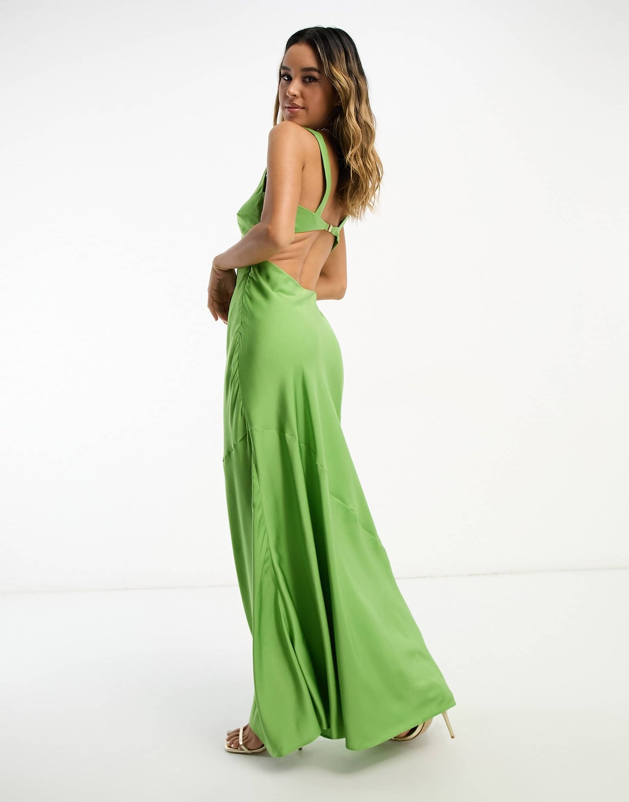 ASOS DESIGN satin scoop neck maxi dress with cut out waist detail in green