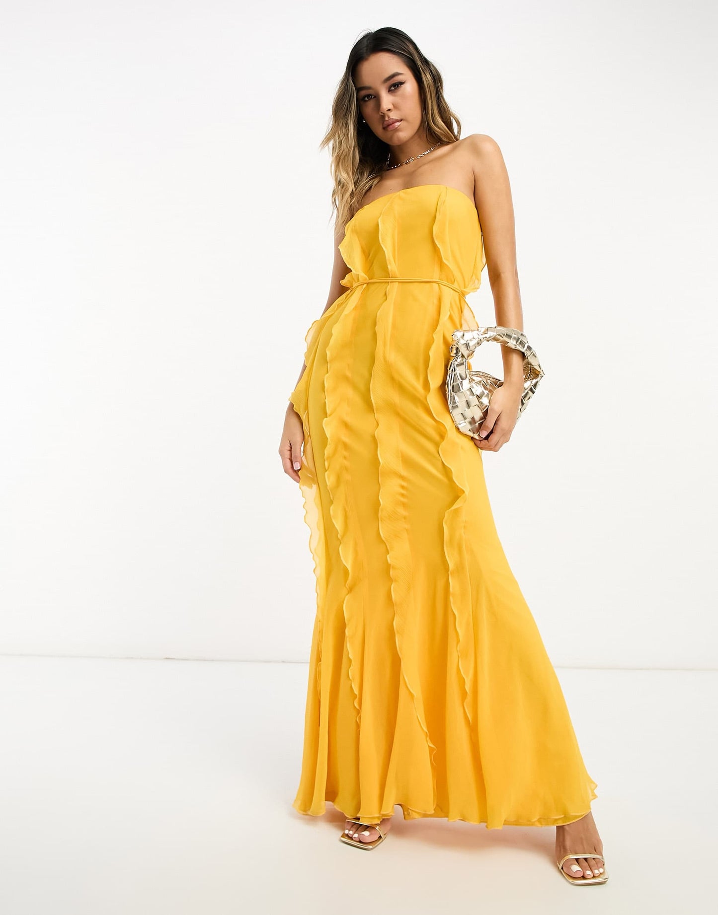 ASOS DESIGN ruffle bandeau maxi dress with tie waist in orange