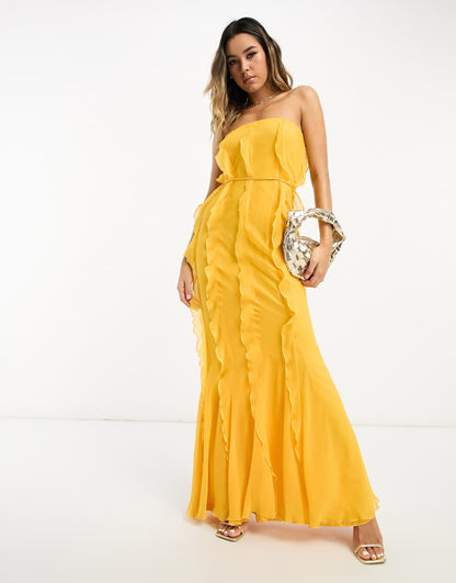 ASOS DESIGN ruffle bandeau maxi dress with tie waist in orange