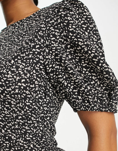 Y.A.S olivia mini dress in black and white ditsy print