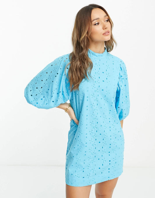 ASOS DESIGN broderie mini dress with puff sleeve  in blue