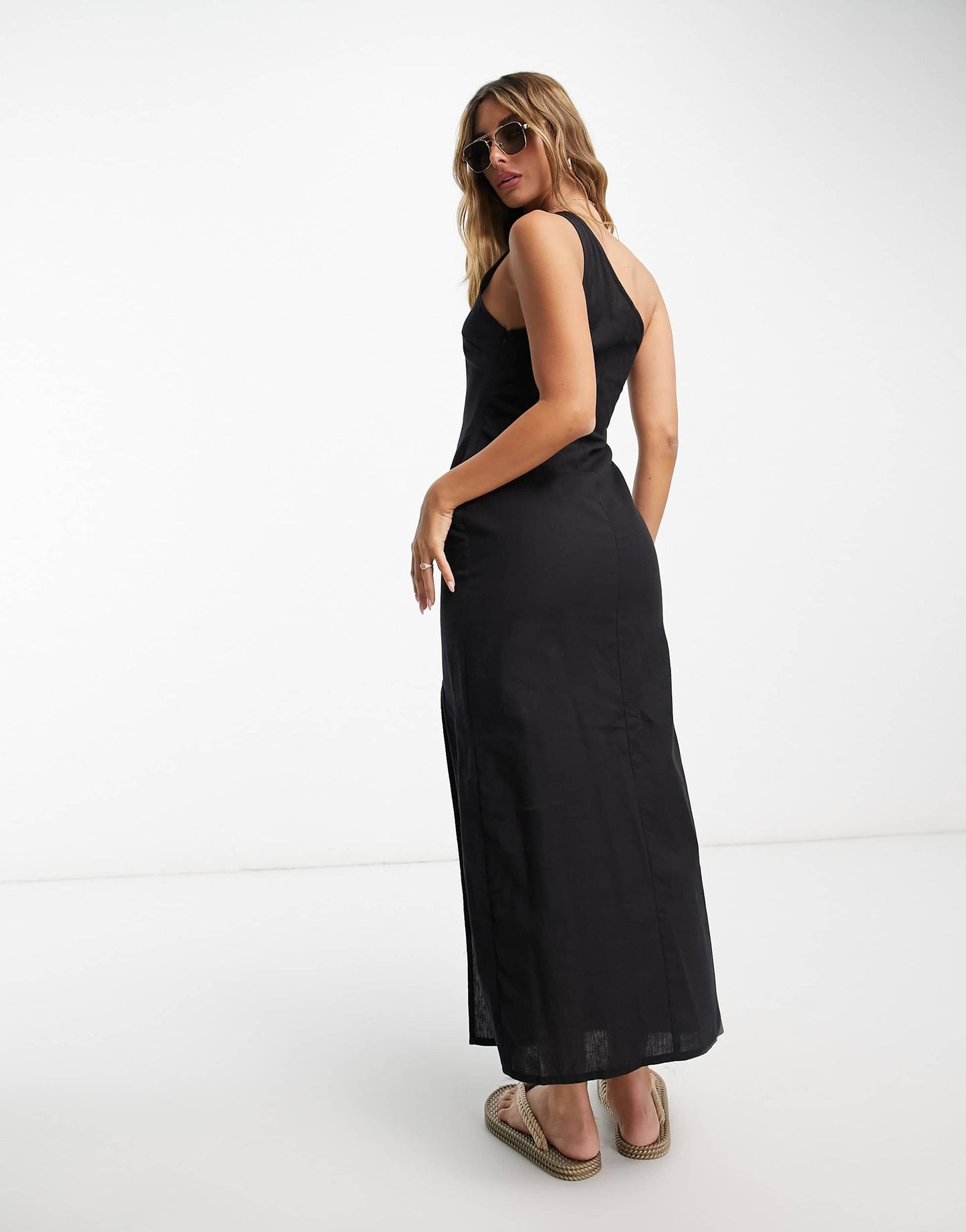ASOS DESIGN linen one shoulder midi sundress with thigh split in black